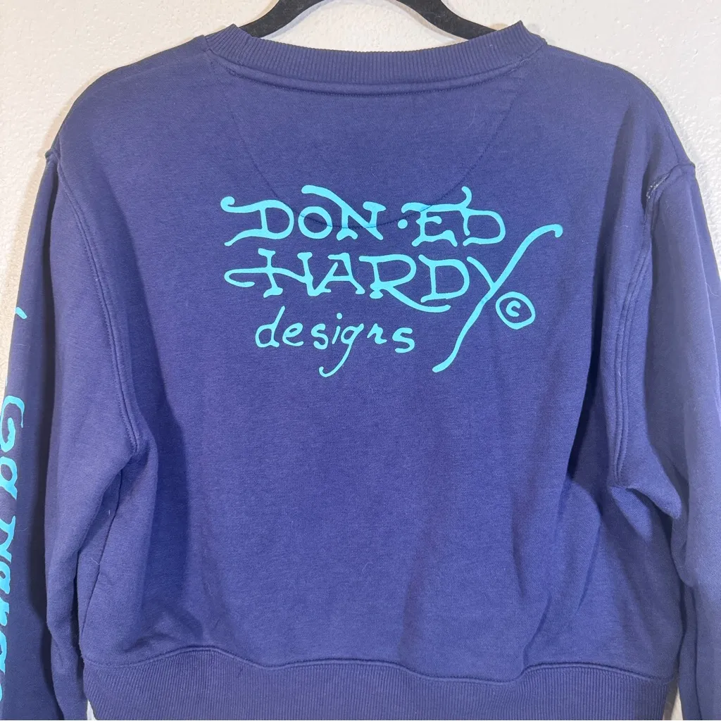 Ed Hardy Blue Cropped Graphic Sweatshirt Womens L Fish Skater Casual Cozycore - Image 2