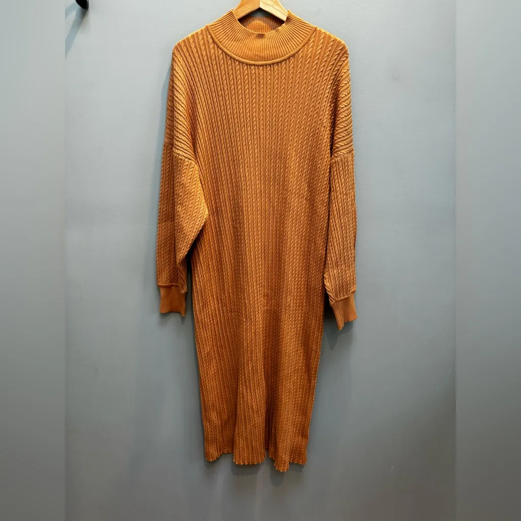 Misook Cable Knit Long Sleeve Midi Sweater Dress in Camel L - Image 4