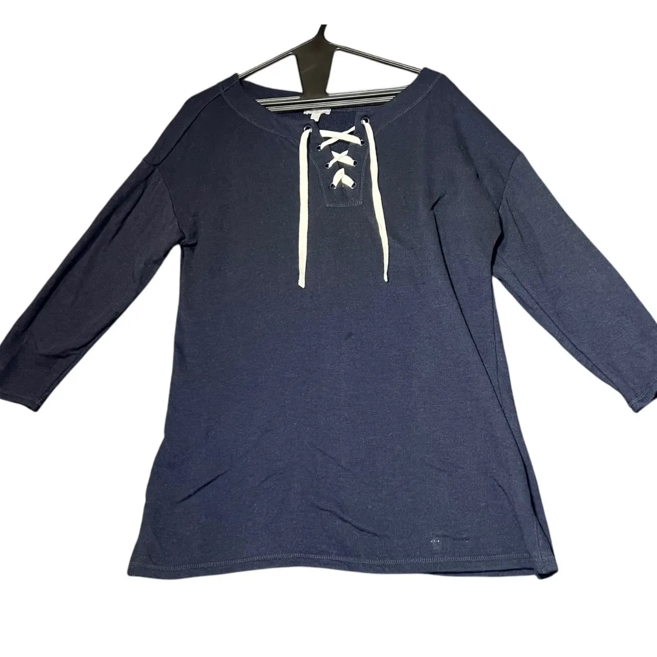 Talbots Lace Up Top Womens Medium Navy Blue Long Sleeve Casual Basic Relaxed - Image 2