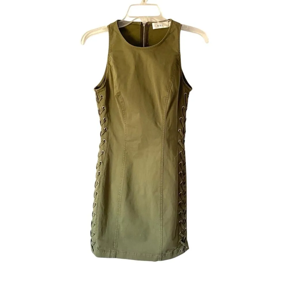 A.L.C. Valera Lace Up Sides Olive Green Sage Mini Dress size 2 - Image 2