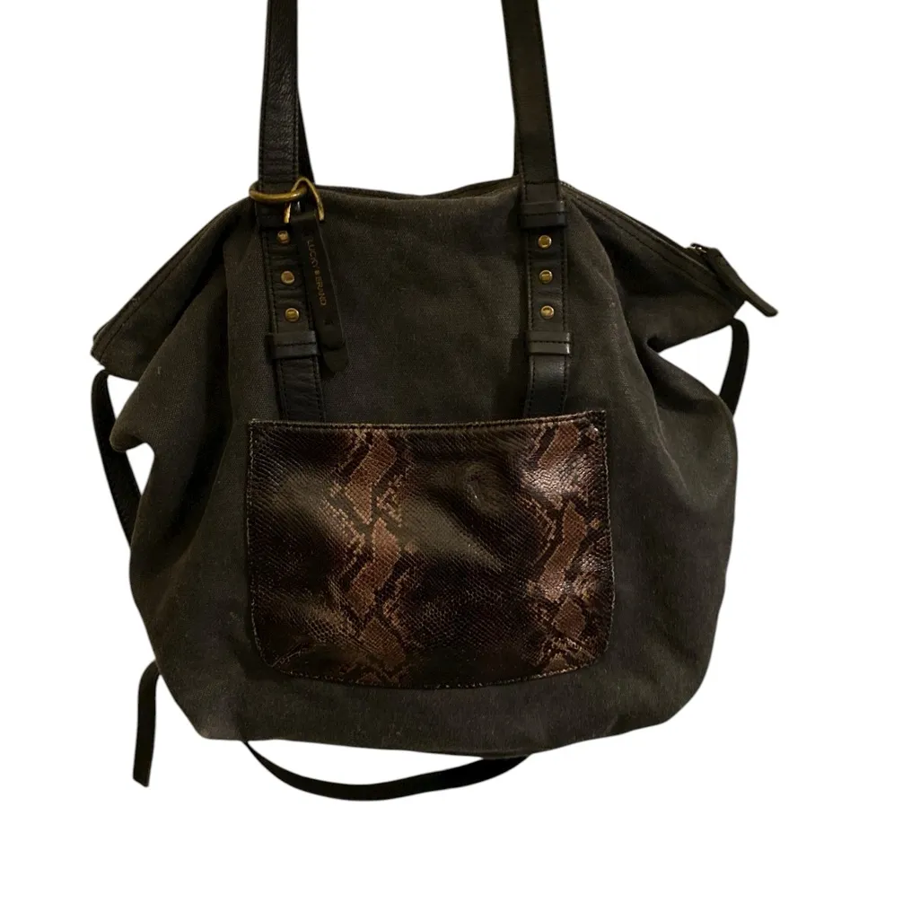 Lucky Brand Gray Brown Snakeskin pocket canvas Denim Leather Strap Tote Bag - Image 2