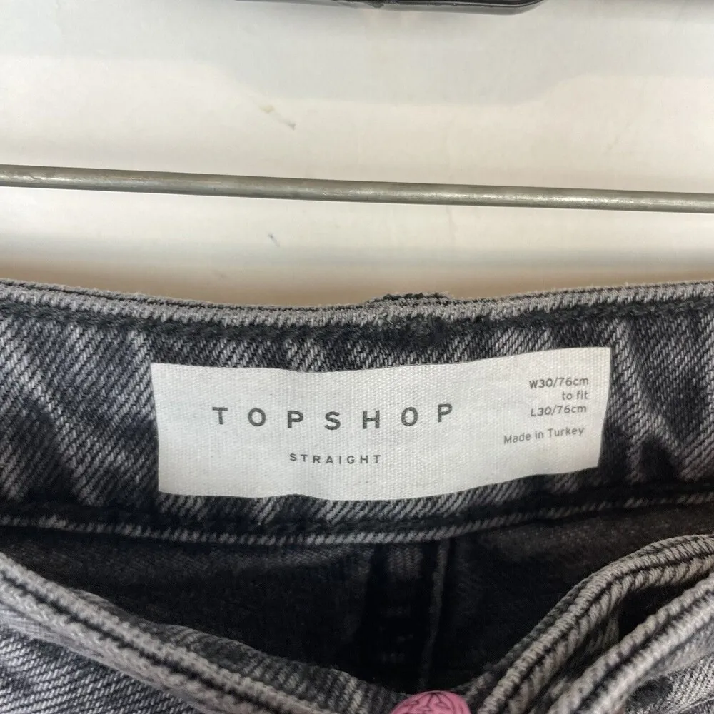NEW TOPSHOP size 30 Thigh Rip Raw Hem Straight Leg Jeans high rise Gray - Image 7