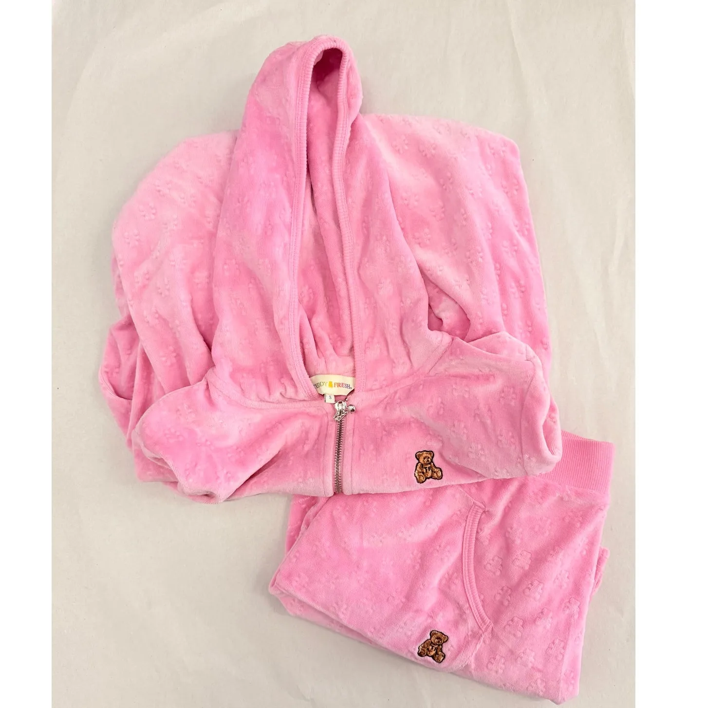 Teddy Fresh Baby Pink Velour Teddy Embossed Tracksuit Set Small Y2K Paris Hilton - Image 3