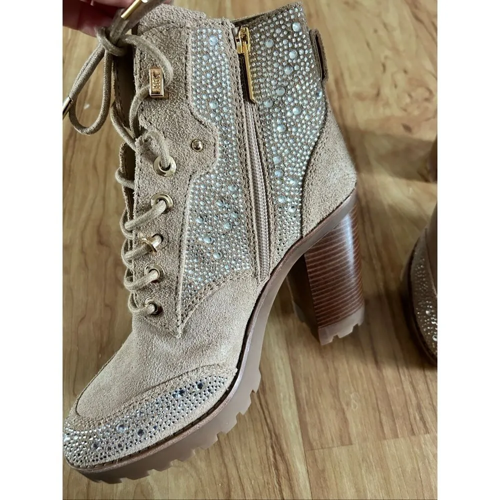 Michael Kors tan chunky heel sparkly boots leather suede size 6M New combat - Image 2
