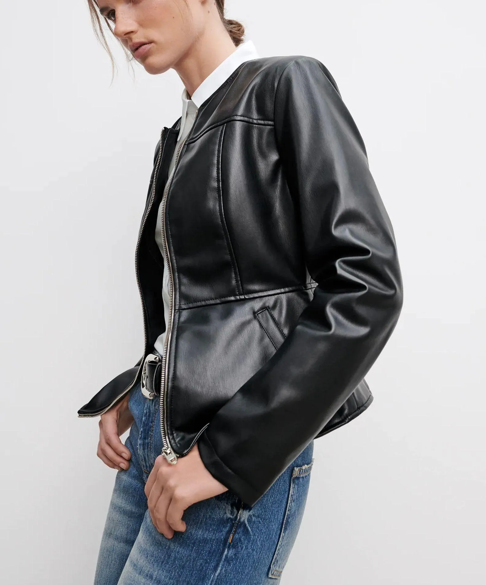 NWT  Faux Leather Double Zippered Black Jacket - Image 6