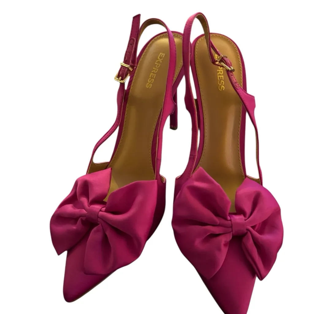 Express Sling~Back Stiletto Heels Sz 10 Fushia Satin Finish W/Large Bow on Toe - Image 3