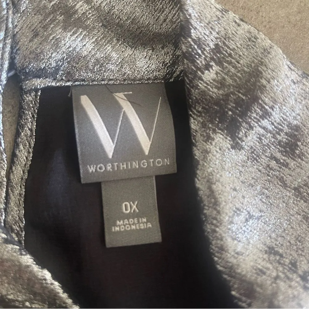 Worthington 0X Shimmering Silver Blouse Keyhole Neck Short Sleeve Satin - Image 8