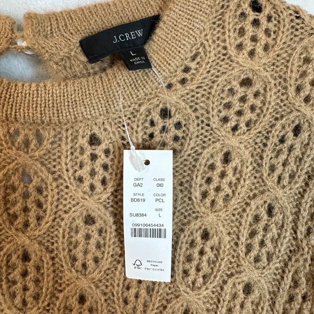 J. Crew Balloon Sleeve Open Knit Sweater Camel Beige Tan Large NEW with Tags - Image 6