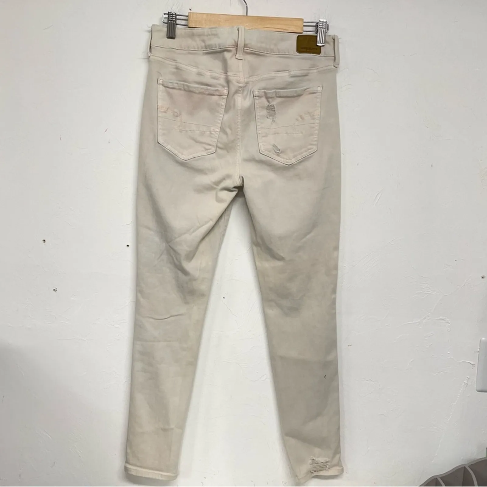 American Eagle Tan Distressed Skinny High Rise Jeans Womens 10 Denim Zip Fly - Image 13