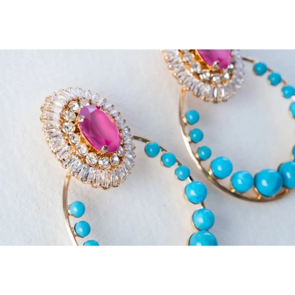 Anton Heunis Gem Cluster Hoop Earrings in Pink Blue Crystal & Gold New Womens - Image 8