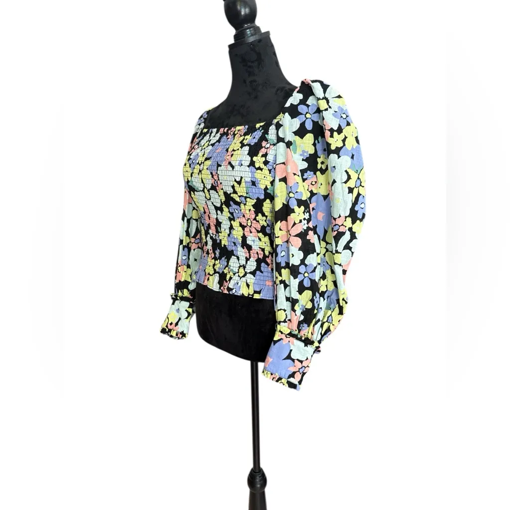 Free People Smocked Floral Puff Sleeve Top XS – Square Neck Black Multicolor - Image 10