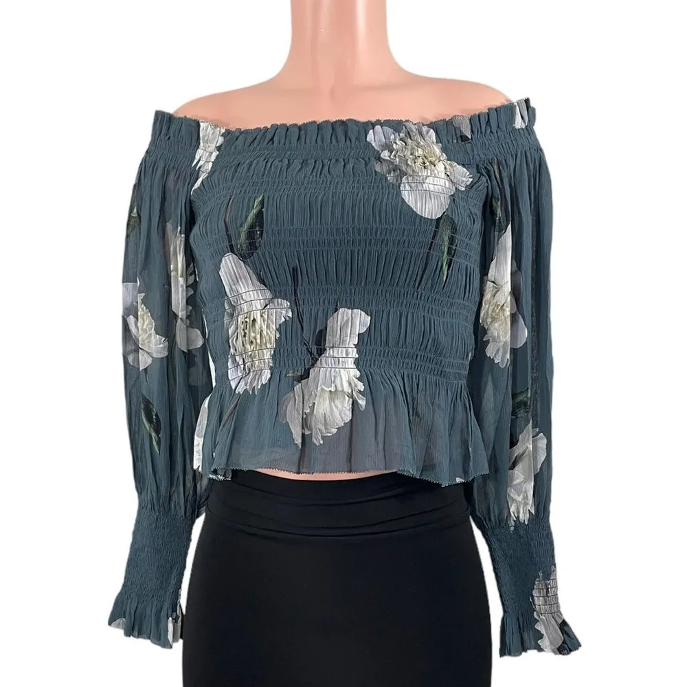 NWT AllSaints Lara Cordelia Off Shoulder Top Size 0 Smoke‎ Grey Floral Blouse - Image 5