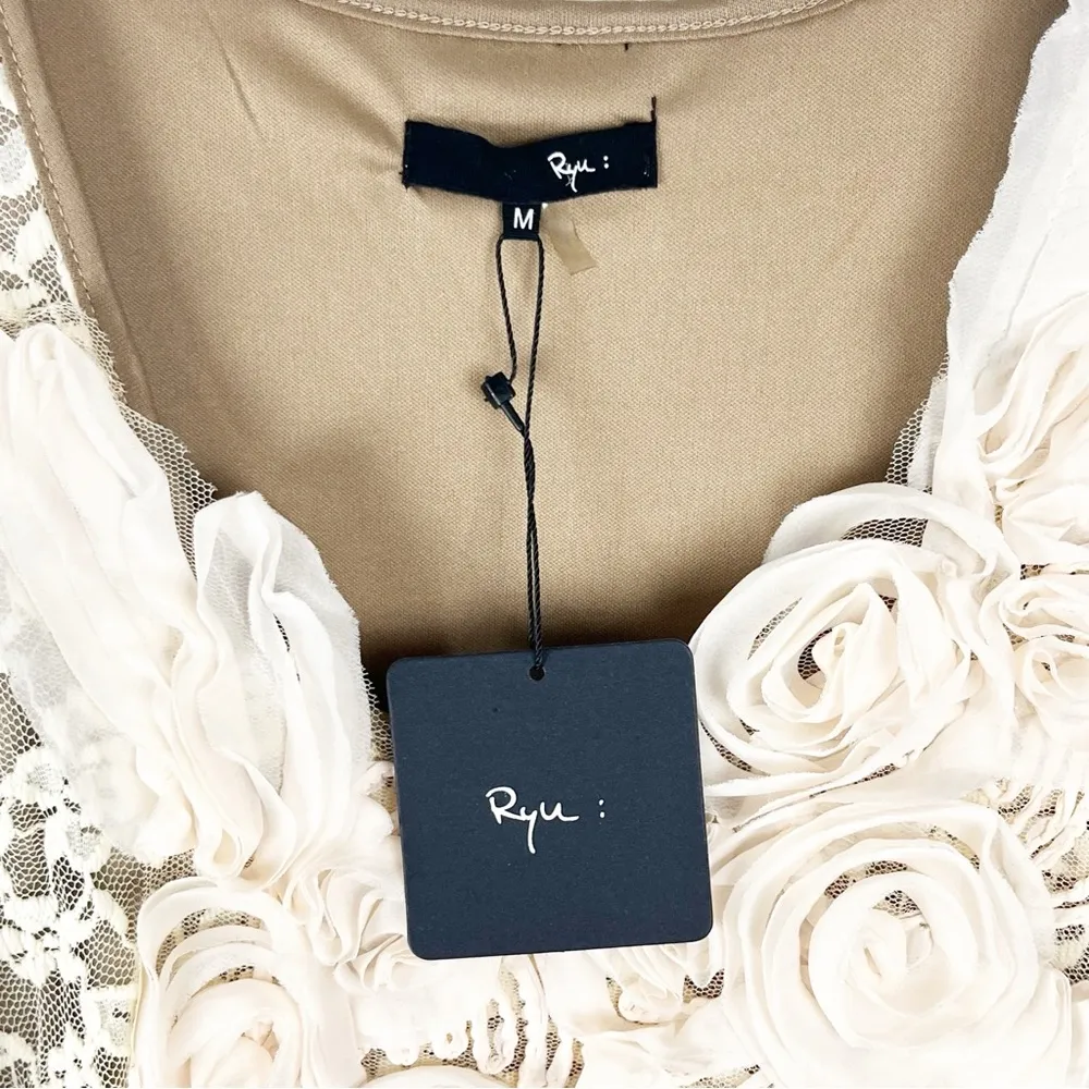 RYU Brown Cream Crochet Tiered Lace Floral Sleeveless Lined Dress, Size Medium - Image 12