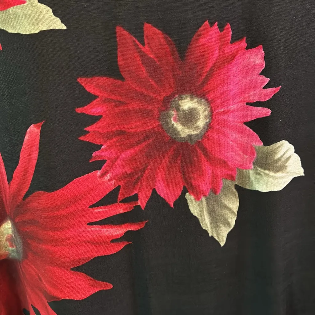 Karen Kane faux wrap elbow sleeve black pink red bold floral fit and flare dress - Image 5