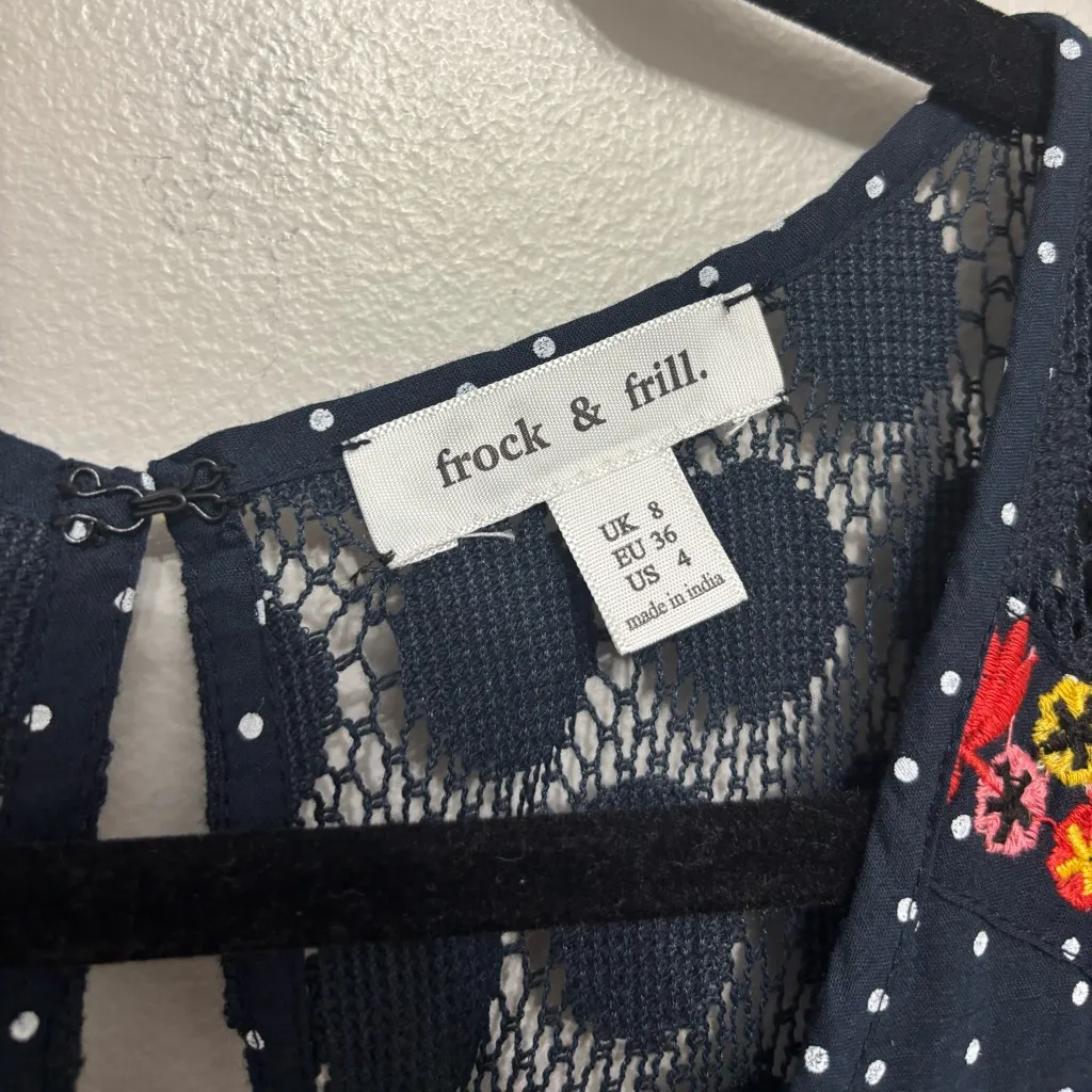 Frock & Frill Embroidered Katerina Midi Dress in Navy Polka Dot - Image 5