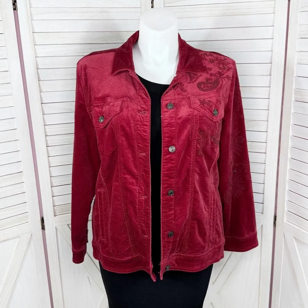 Chicos Boho Velour Paisley Embroidered Beaded Sequin Trucker Jacket Red‎ 3 XL 16 - Image 2