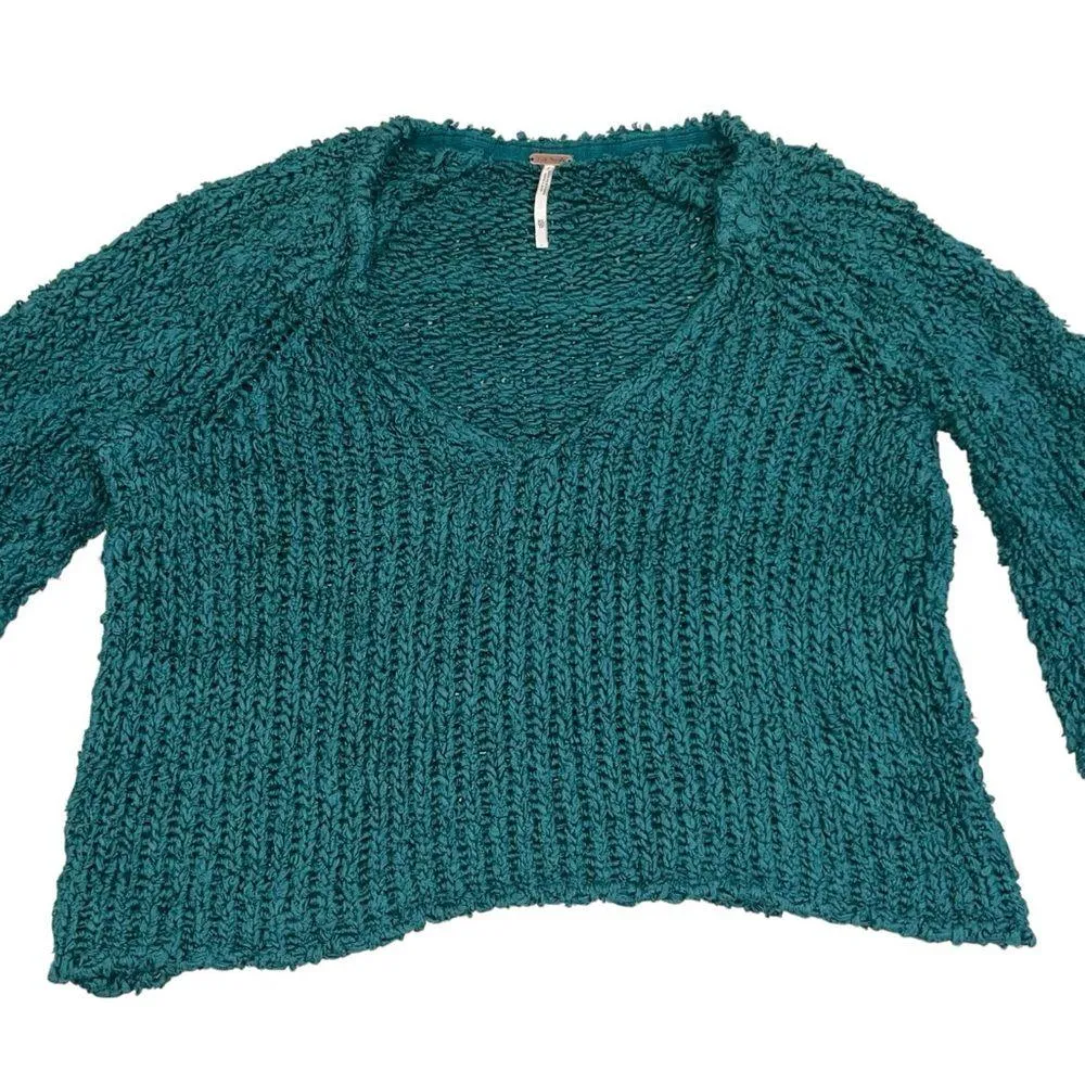 Free People Teal Blue V Neck Sand Dune Oversized Bell Sleeve Sweater size XS - Image 6
