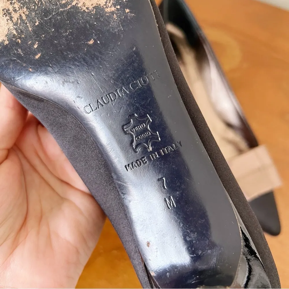 Claudia Ciuti • vintage satin bow pumps kitten heels black mocha ballerina retro Size 7 - Image 8