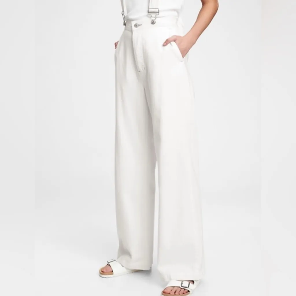 GAP Wide Leg Suspender Jeans White Denim Pants with Suspenders Size 31 | 12 Long - Image 9