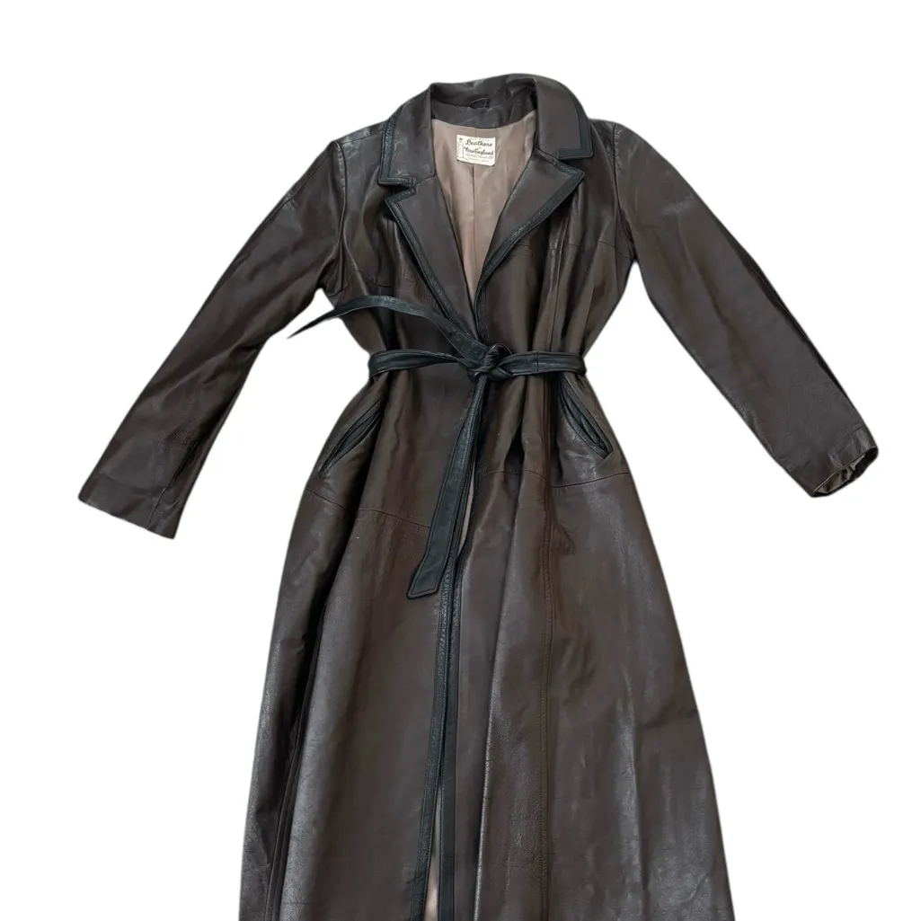 VTG Leathers By New England Belted Trench Coat Sz 16 Chocolate Brown Black Lined - Image 9