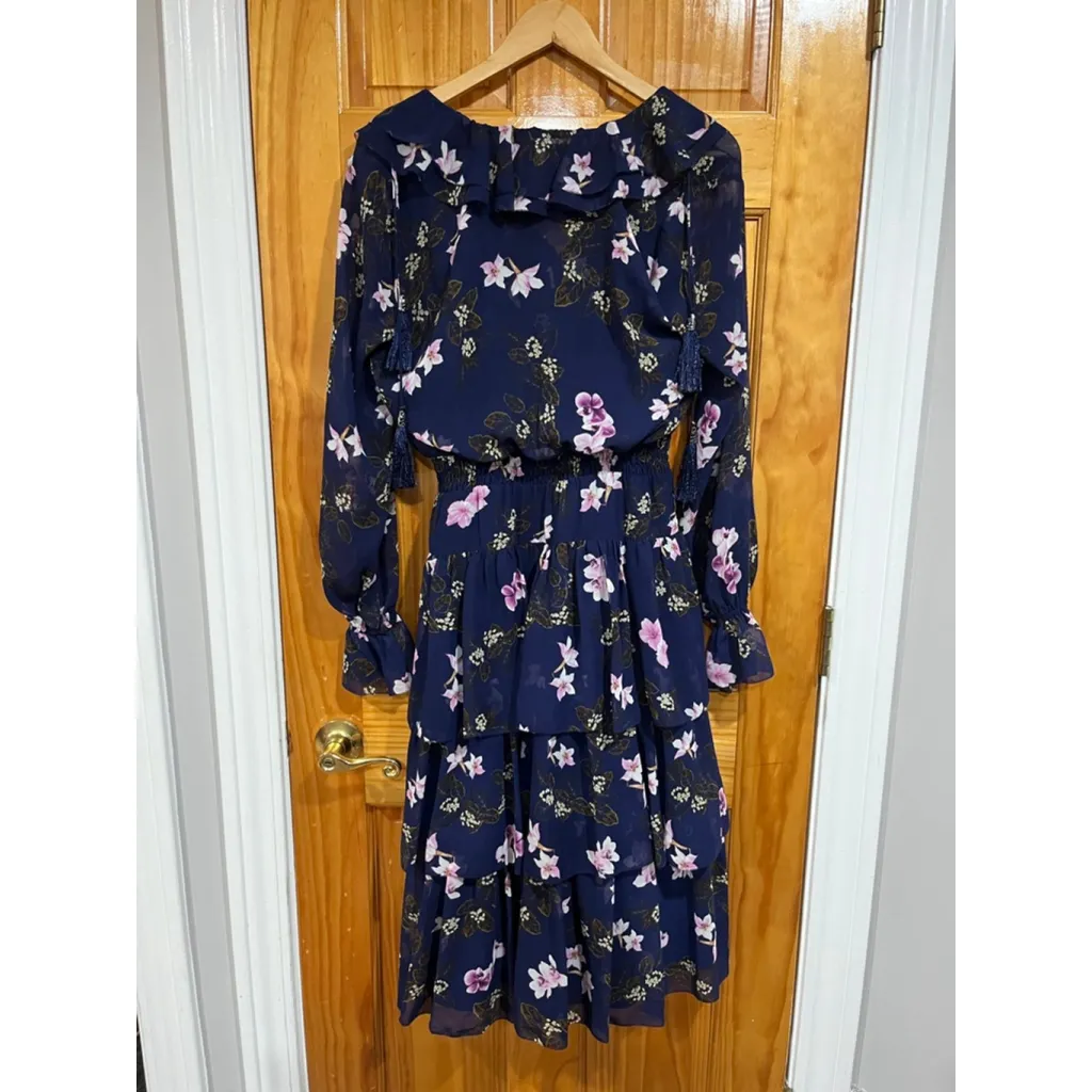 Mikael Aghal Navy Floral Ruffle Midi Dress Tassel Tie Women’s Size 4 Blue - Image 3