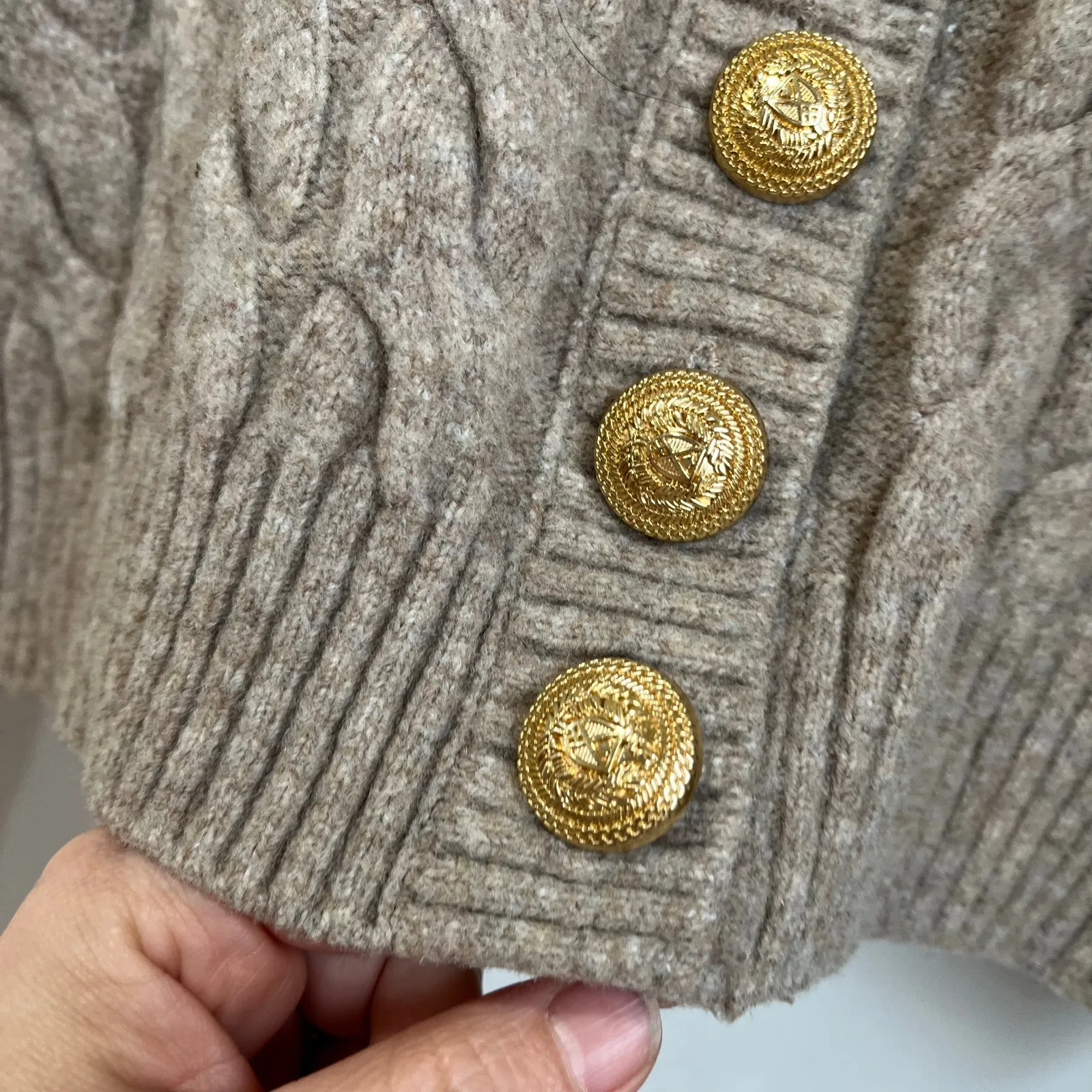 H&M Cable Knit Cropped Cardigan Taupe Small Gold Buttons Soft Knit Cottagecore - Image 7