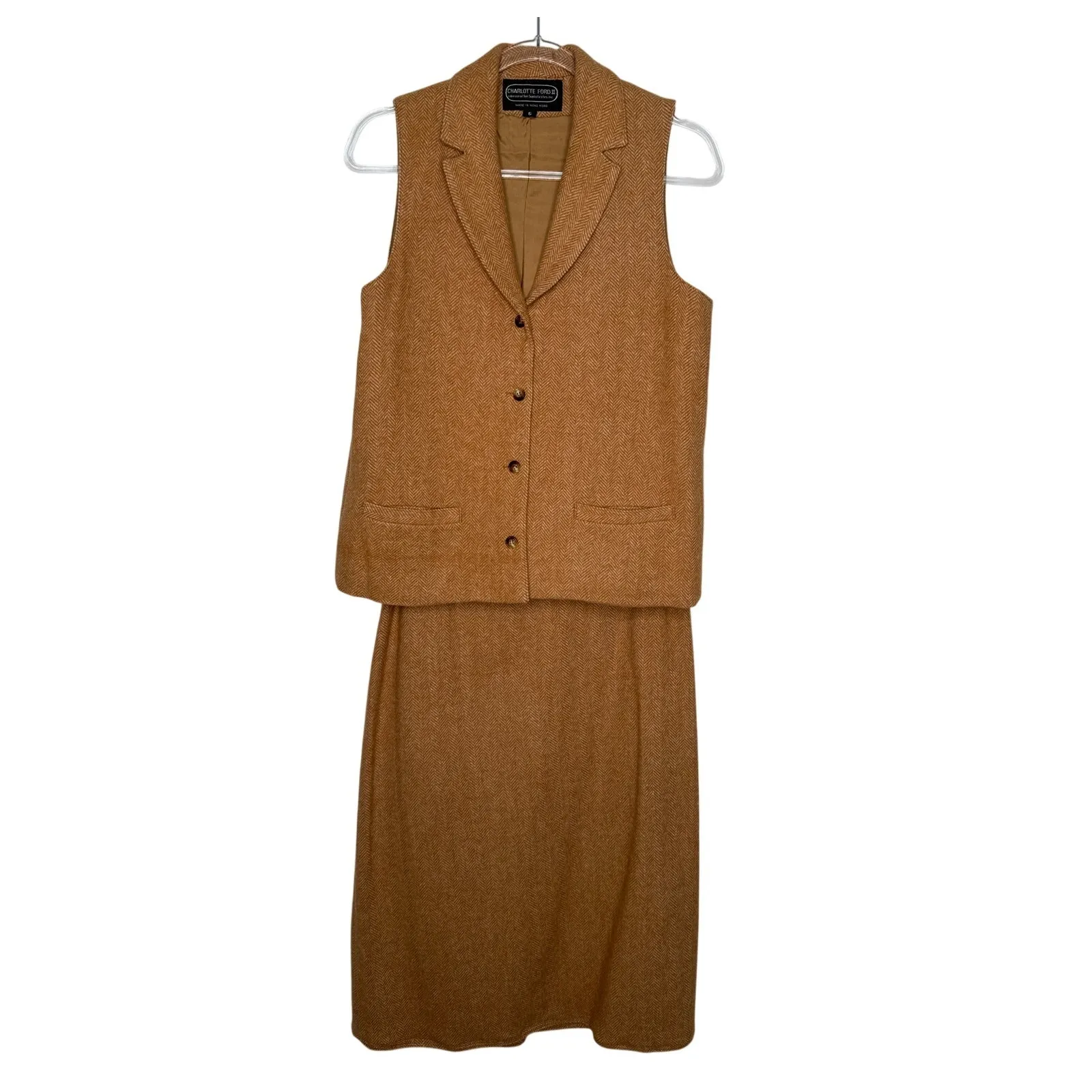 1980s Charlotte Ford II Camel Herringbone Wool Vest & Skirt Set Small - Image 3