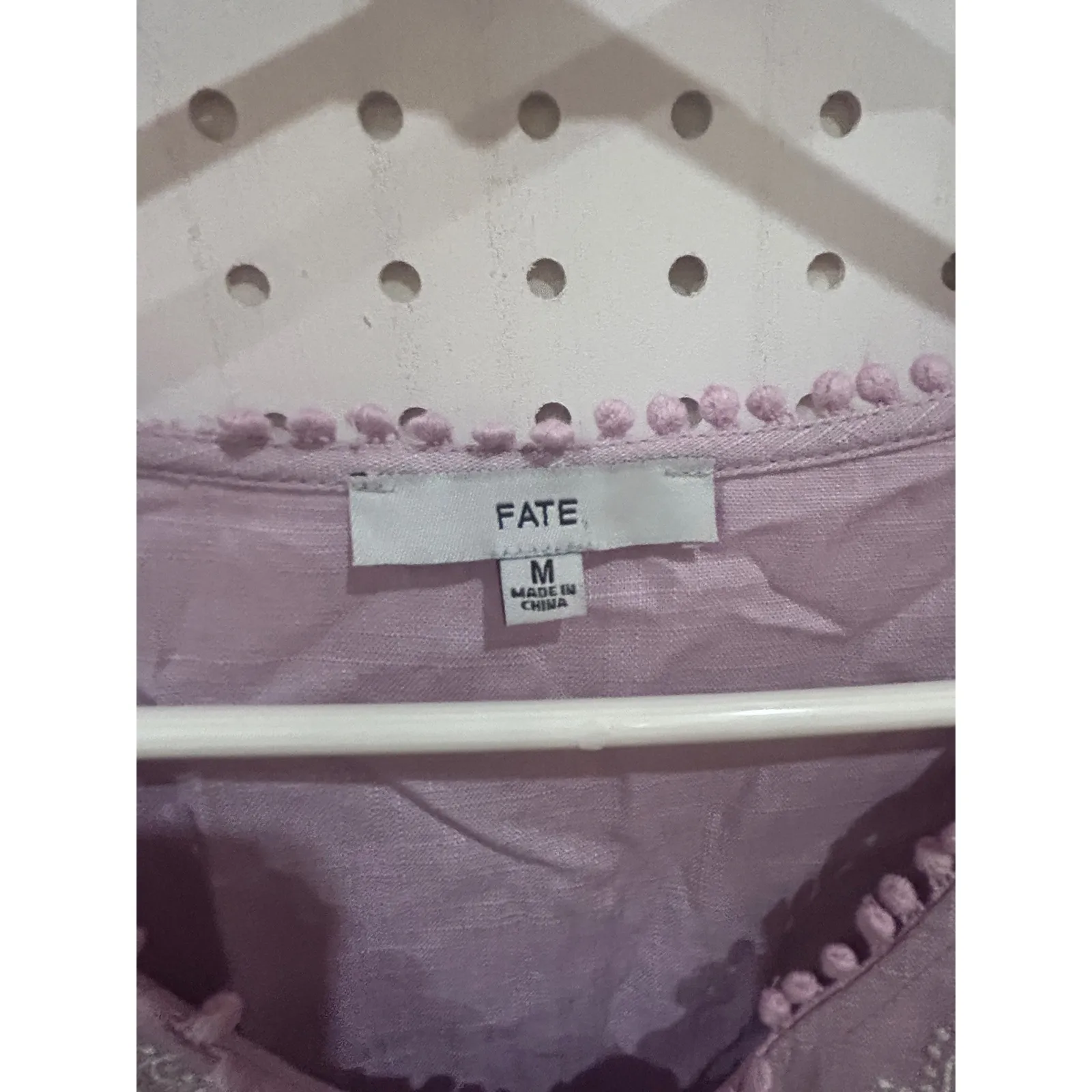 Fate Embroidered Peasant Tunic Top Lavender V Neck Tiered Ruffle Pom Pom M Linen Purple Size M - Image 5