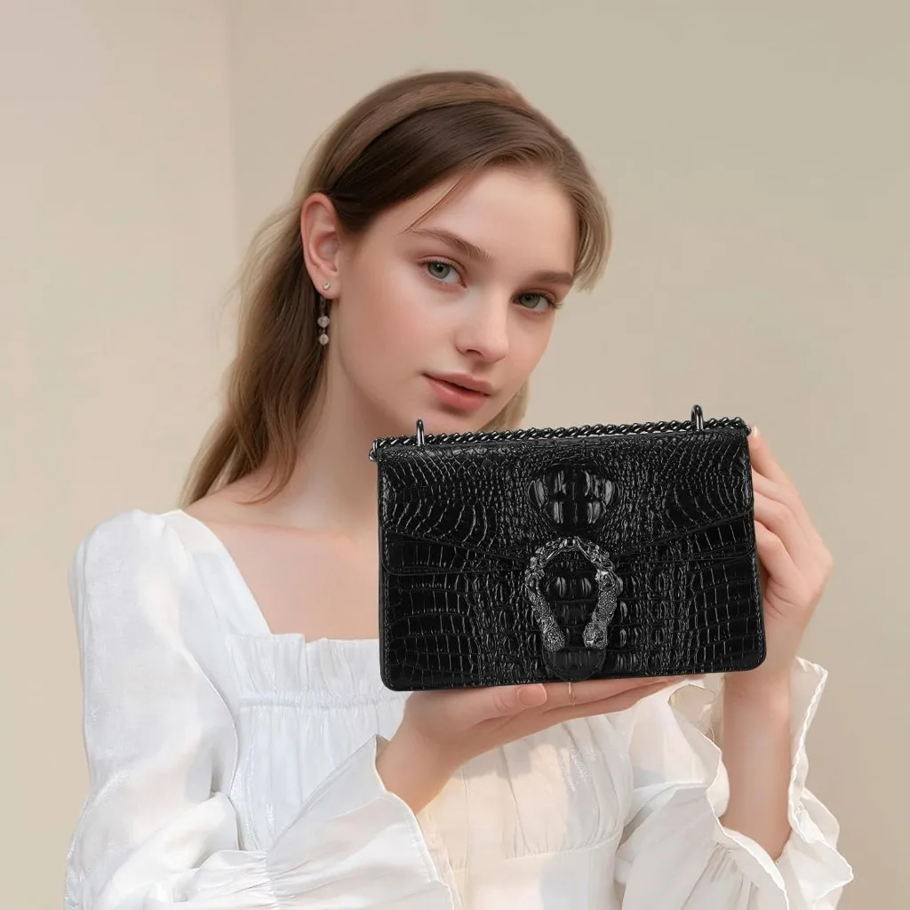⚡ Women's Crocodile Black Snake Leather Print Casual Satchel Crossbody Handbag - Image 2