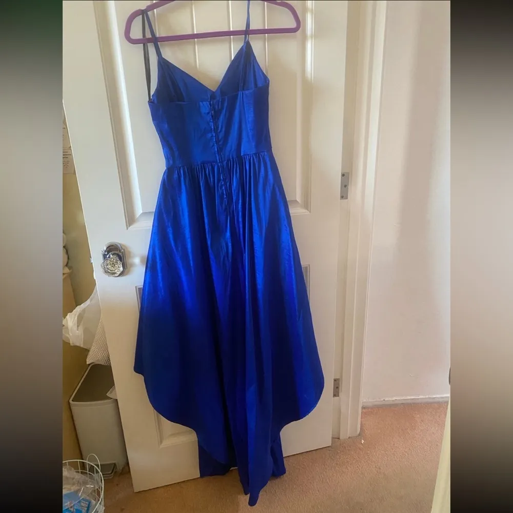 Taffeta Stretch Shimmer Gown Royal Blue High Low Maxi Prom Party Dress - Image 5