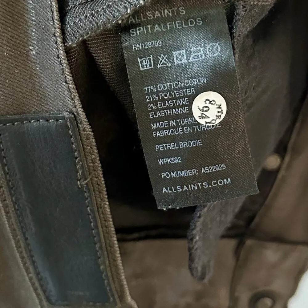 AllSaints Spitalfields Chocolate Brown Wax Coated Zipper Skinny Jeans - Size 27 - Image 3