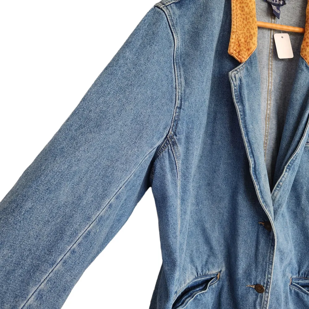 Vintage Baccini Jean Suit Jacket Faux Cheetah Fur Lined Collar Coat XXL - Image 2