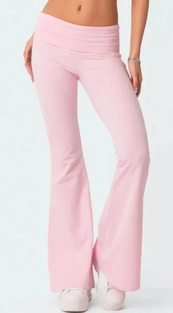 Edikted pink wide leg flare fold over waistband pants - Image 1