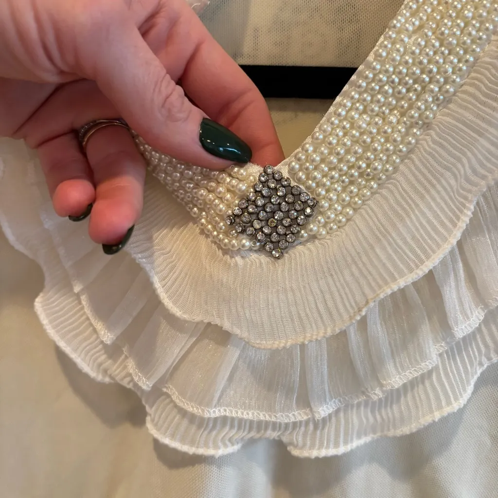 Euro Qian Wan Zi CC Angel Cream Micro Mesh Pearl Gems & Ruffle Long Sleeve L Size L - Image 4