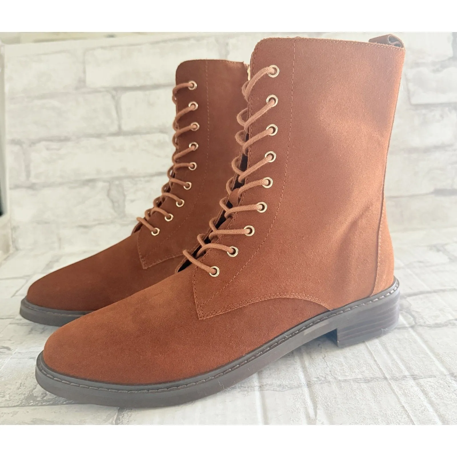 NWOB INTENTIONALLY BLANK Elaine Chestnut Suede Lace Up Boots Sleek Tailored 11 Brown - Image 4