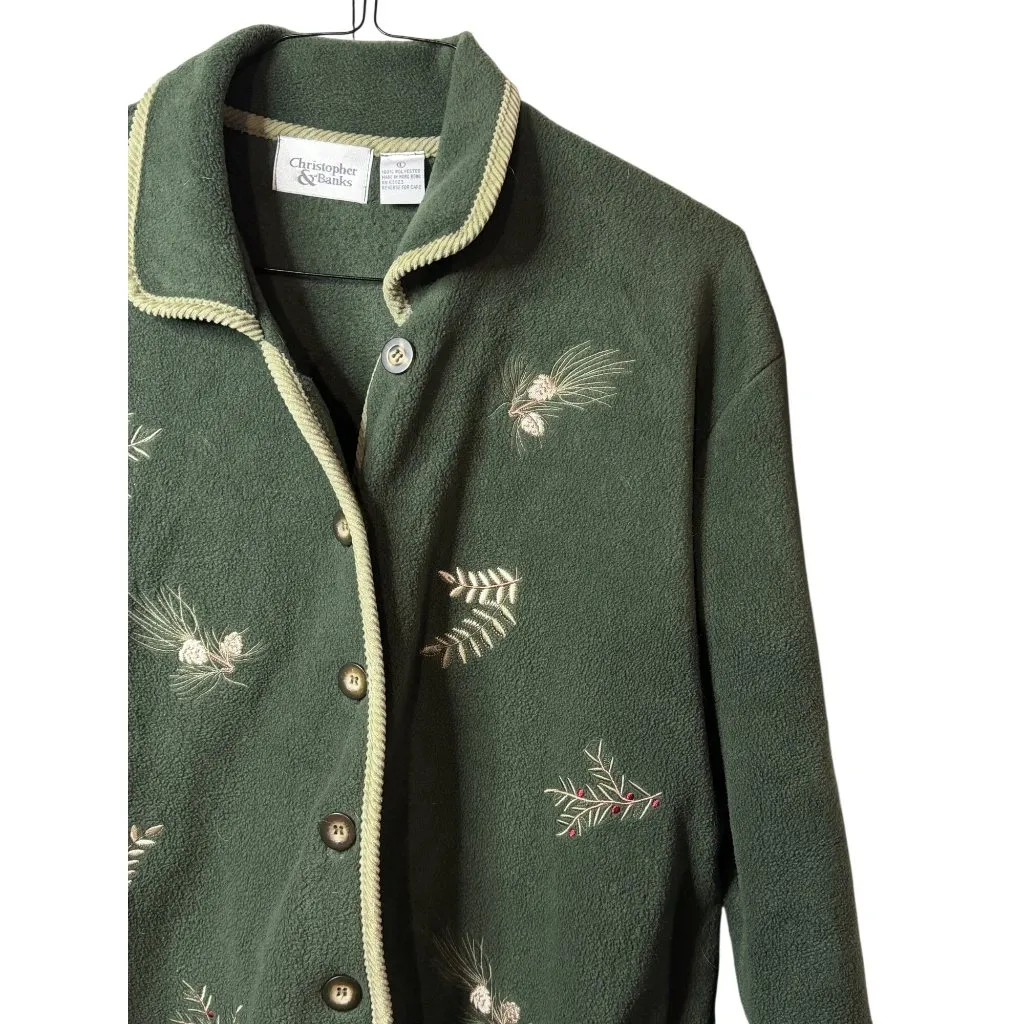 VTG Christopher Banks Women Large Green Botanical Embroidered Cozy Fleece Jacket - Image 4