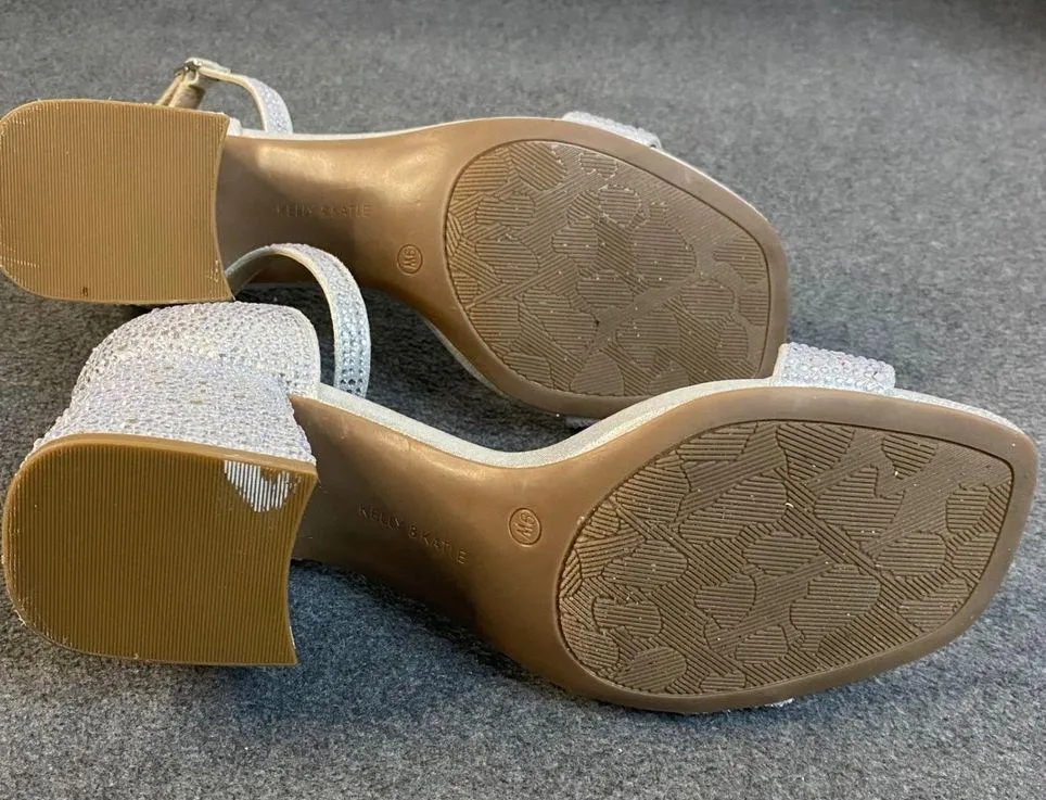 Kelly & Katie Block Heels Sandal Rhinestone Ankle Strap Sparkly Silver Sz 9W EUC - Image 7