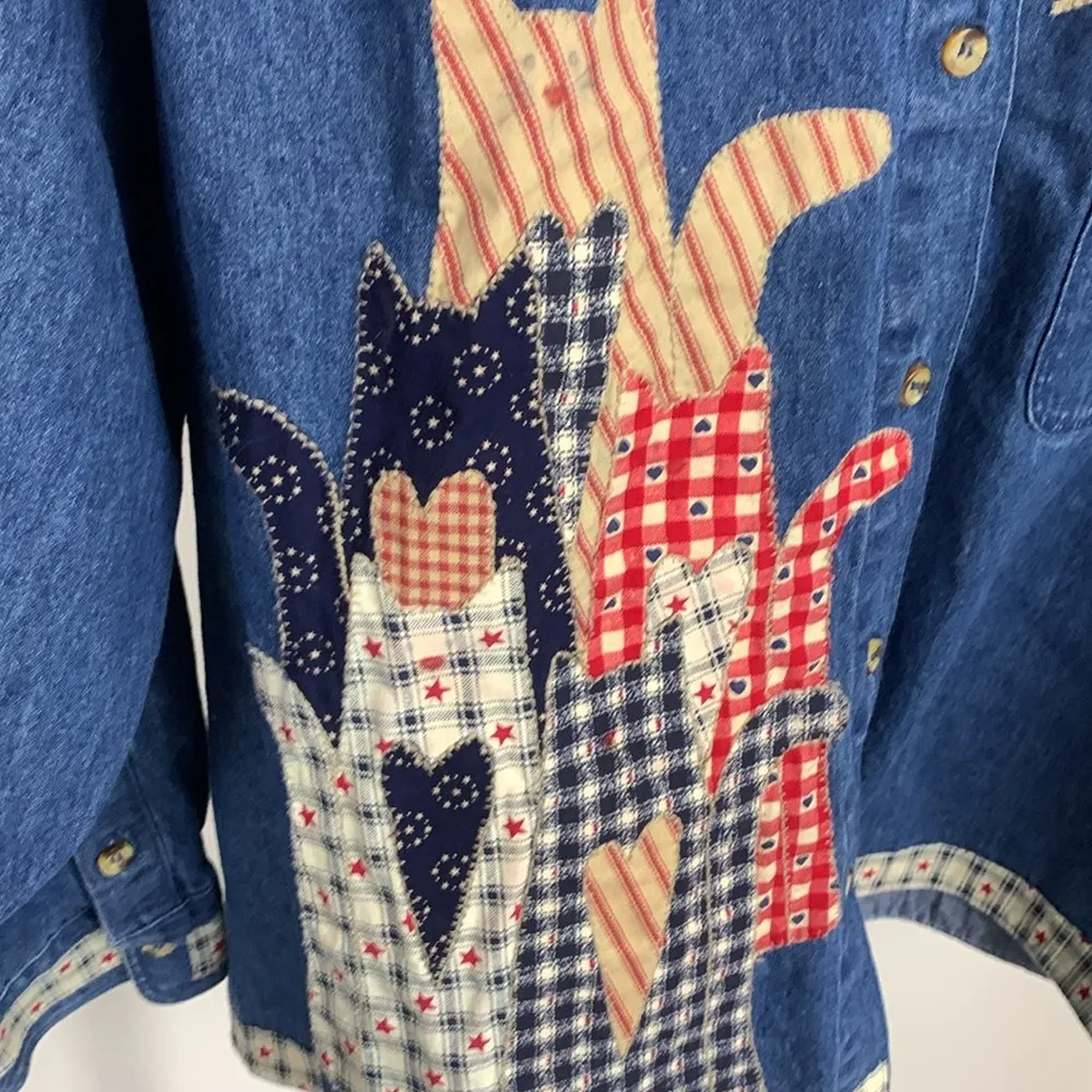 Vintage Denim Cat Patchwork Shirt Size 1X Blue - Image 2