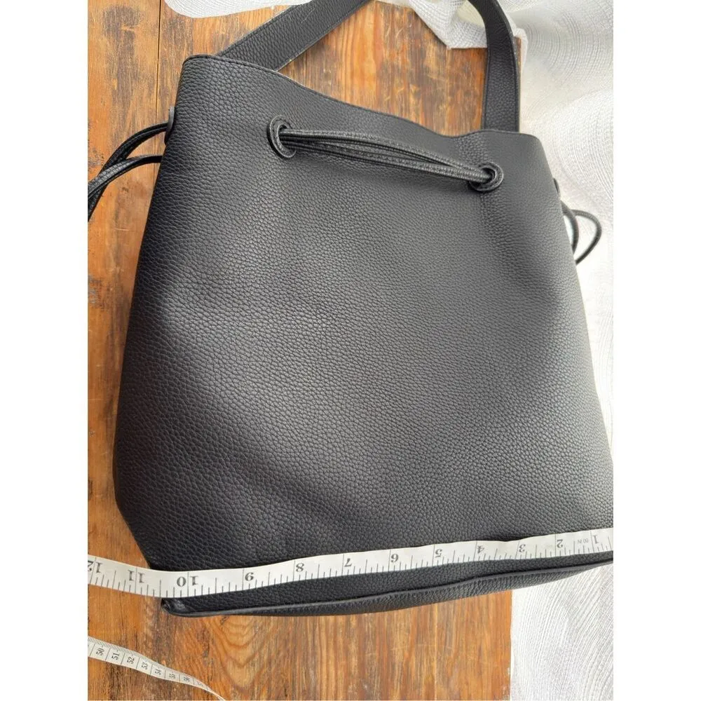 Pebbled Vegan Leather Drawstring‎ Detachable Strap Bucket Bag Black - Image 5