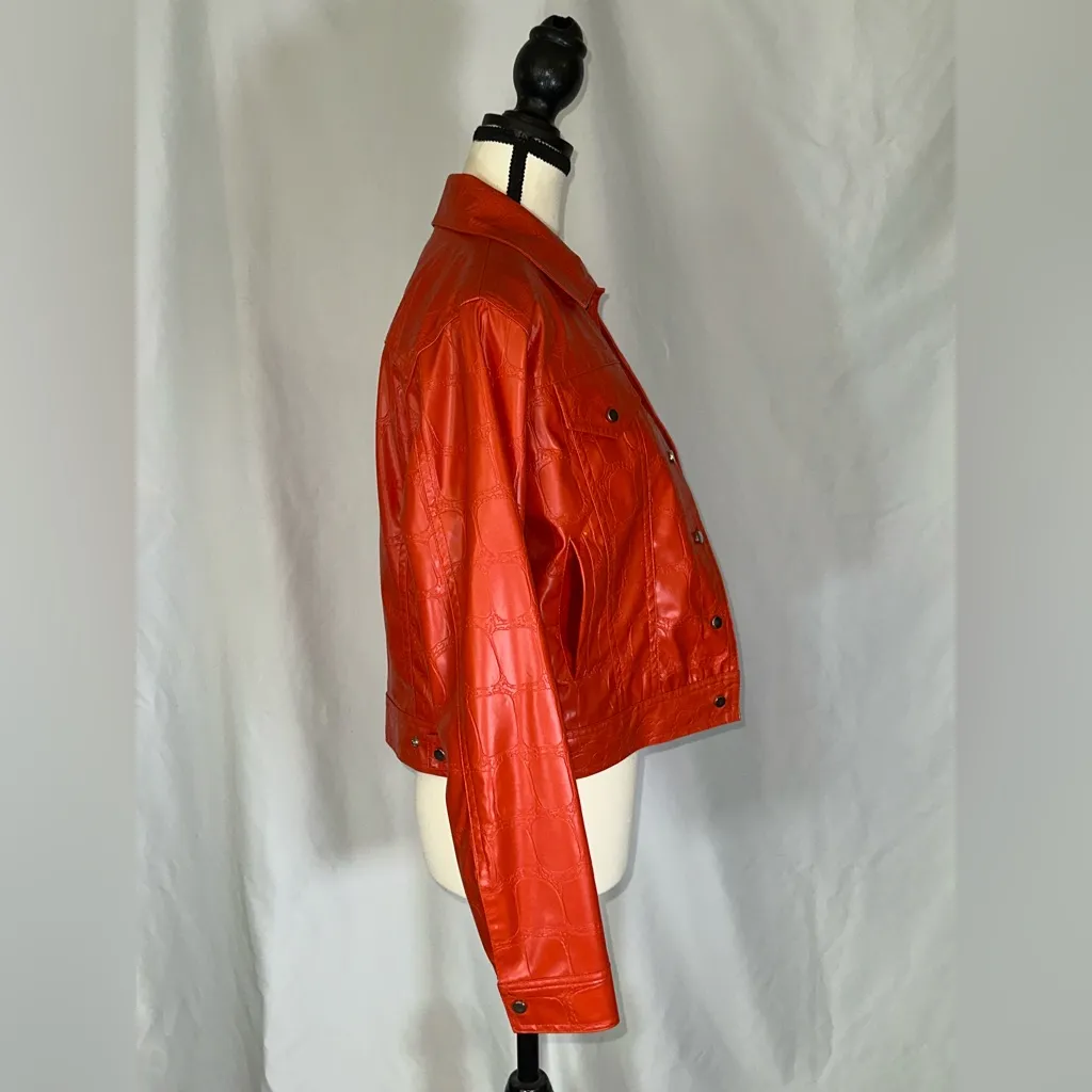 l.e.i. • Vintage Y2K Deadstock Croc Pleather Bright Orange Vegan Jacket Size S Red - Image 5