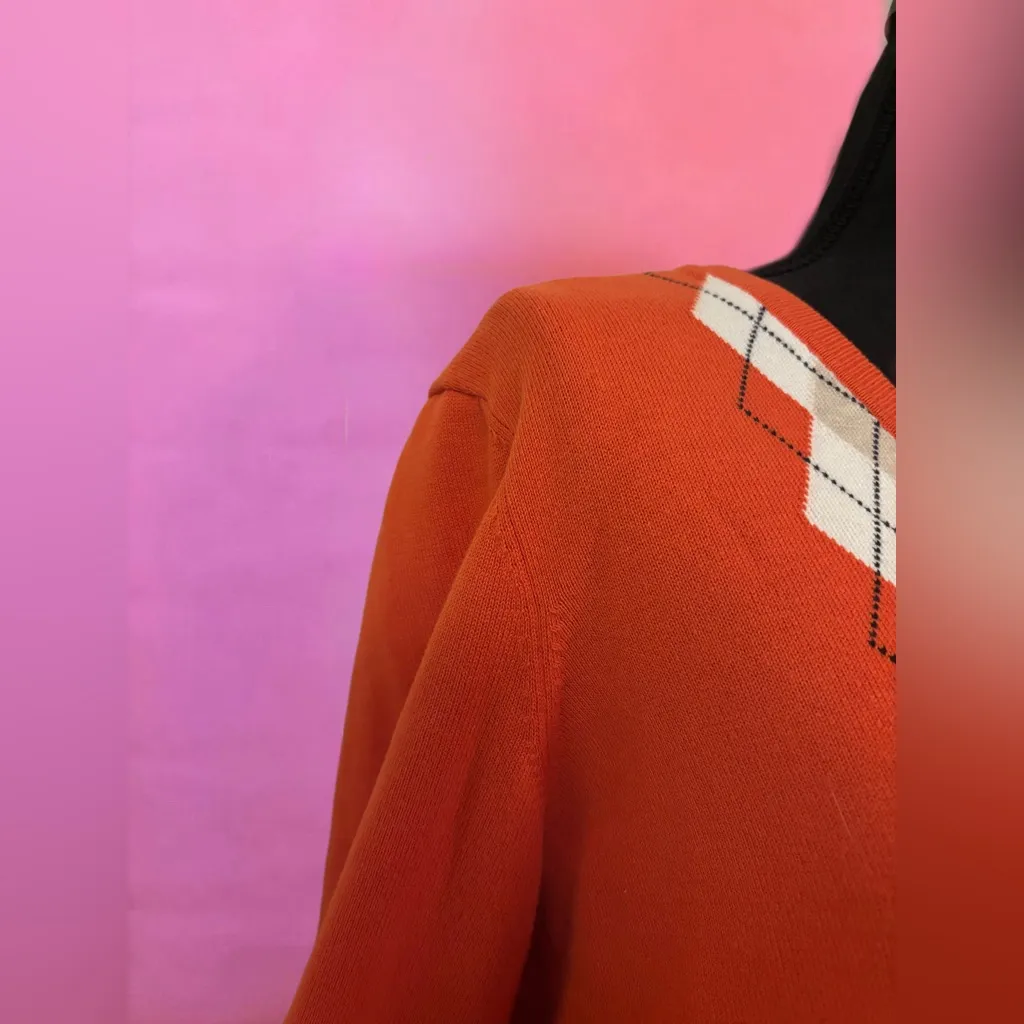 Tommy Hilfiger Orange & Tan Pima Cotton Argyle V-Neck Sweater - Size XL - Image 5
