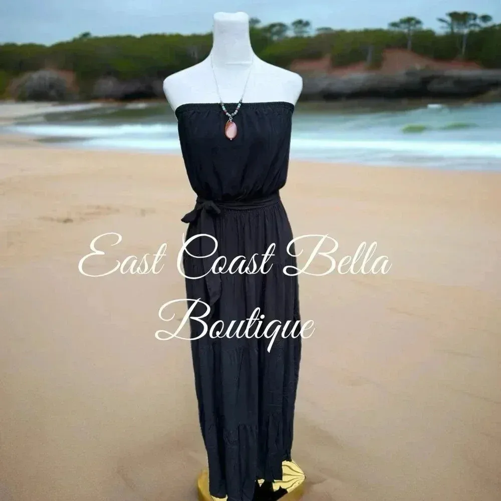 Elegant Off Shoulder Ruffle Boutique Dress Tie Waist Maxi Black Beach Boho Sz L Size L - Image 4
