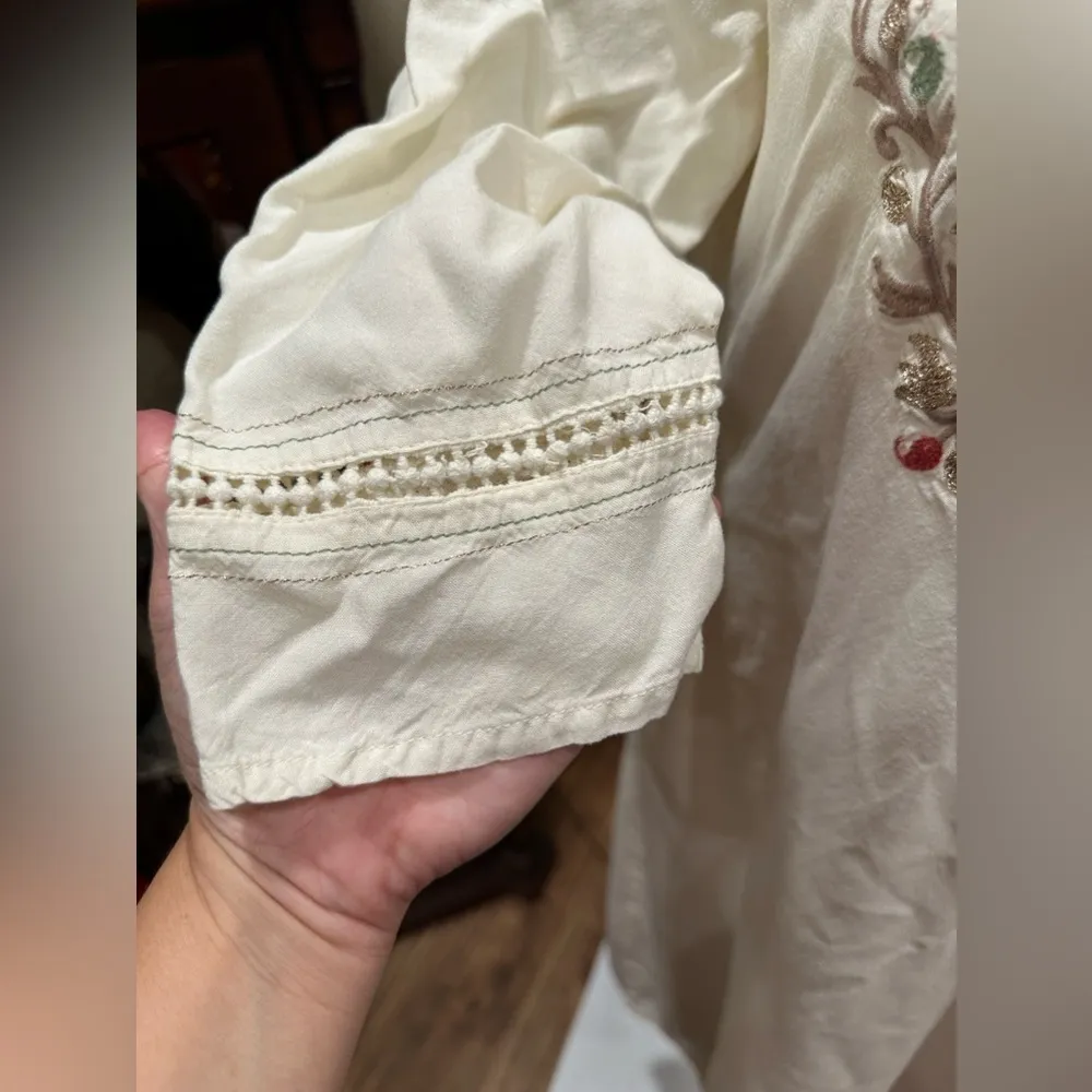 EUC Max midi dress embroidery front and sleeve rim off white cotton Size L - Image 3