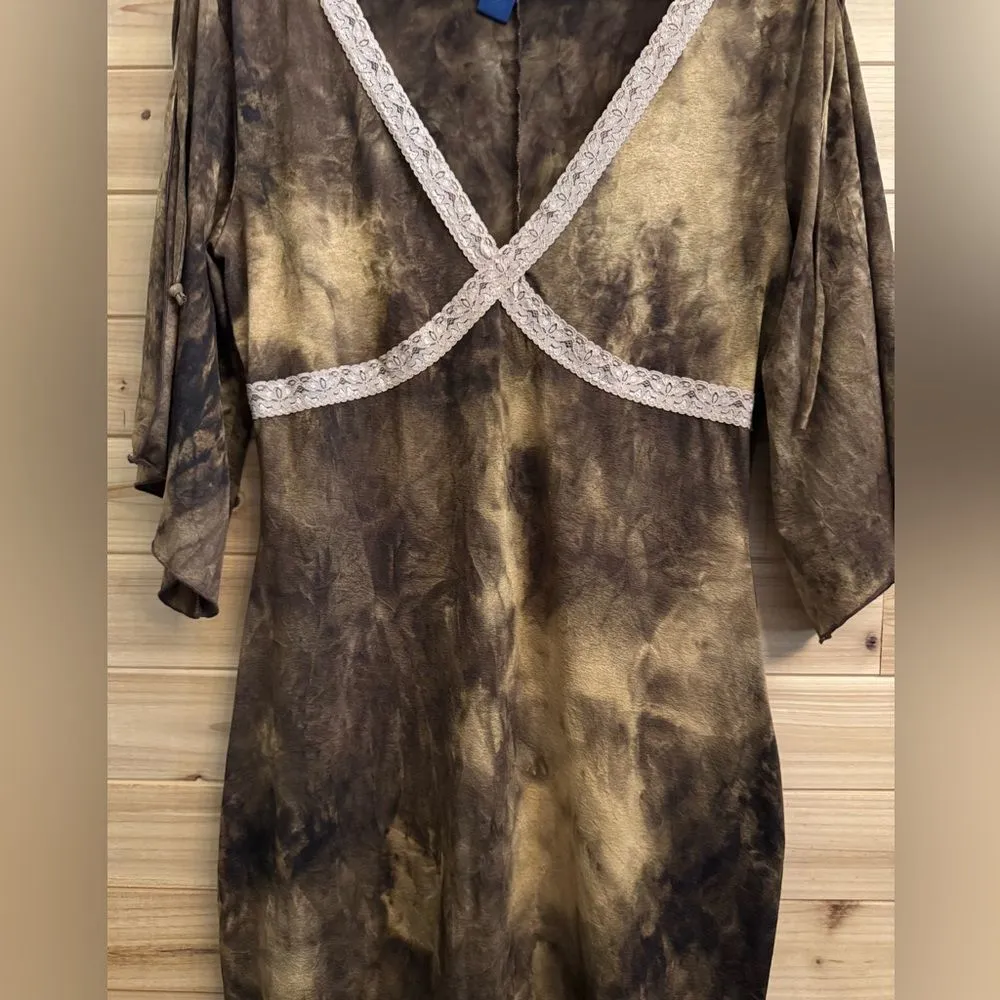 Y2K Candies Size Large Brown Tie Dye Lace Trim Flutter Elbow Sleeve Midi Dress - Image 6
