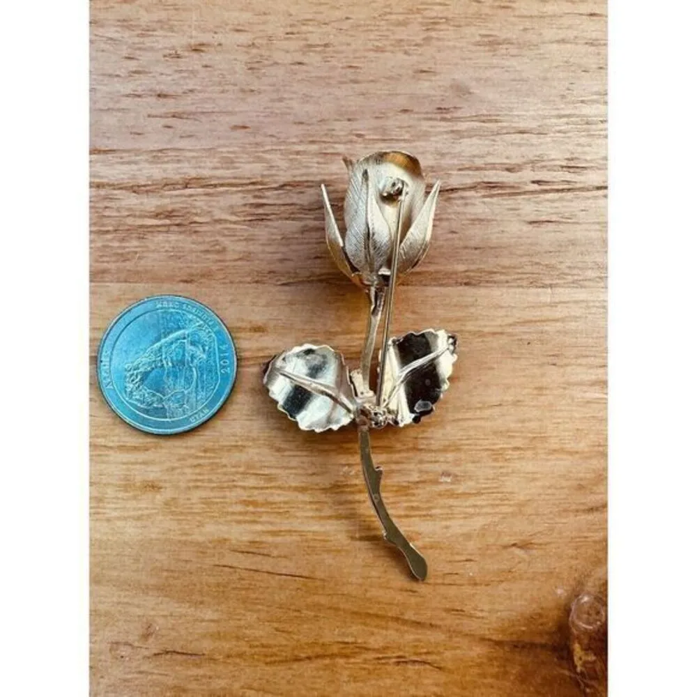 Vintage 3D‎ Rose Stem Brooch Brushed Gold Tone Jewelry Flower Pin 2.75" Long - Image 4