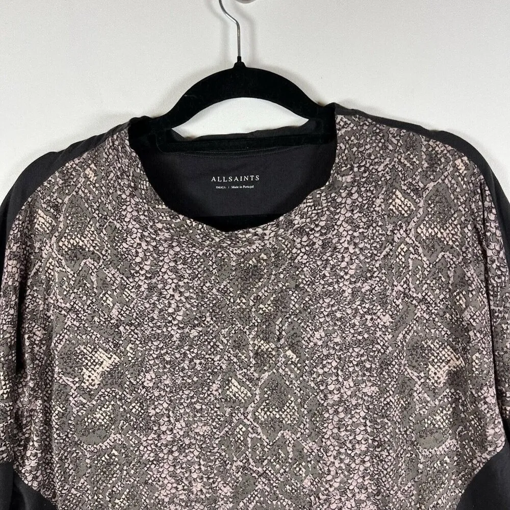 All Saints Kaa Wave Snakeskin Top‎ LS Open Elbow Tee Size Small Designer Gray - Image 3