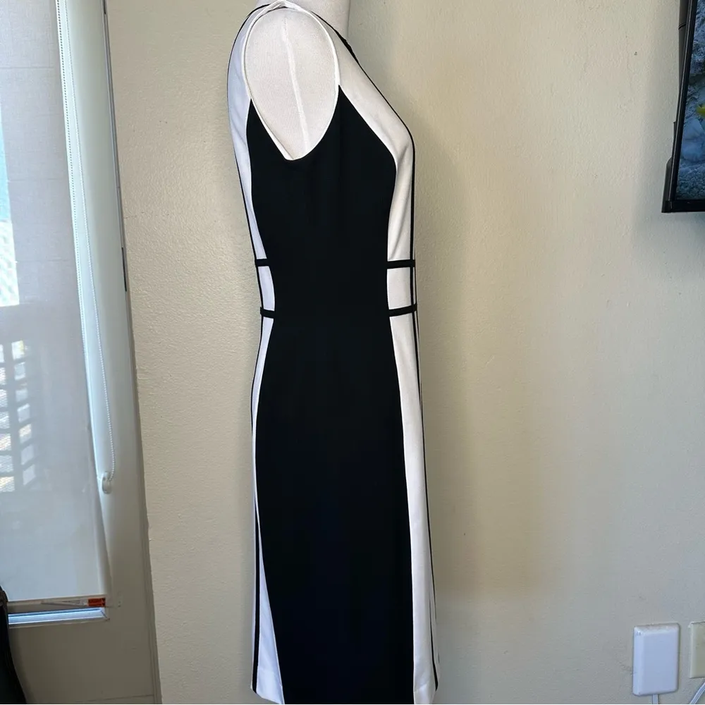 Calvin Klein White Black Windowpane Plaid Piped Stretch Sheath Dress 4 - Image 3