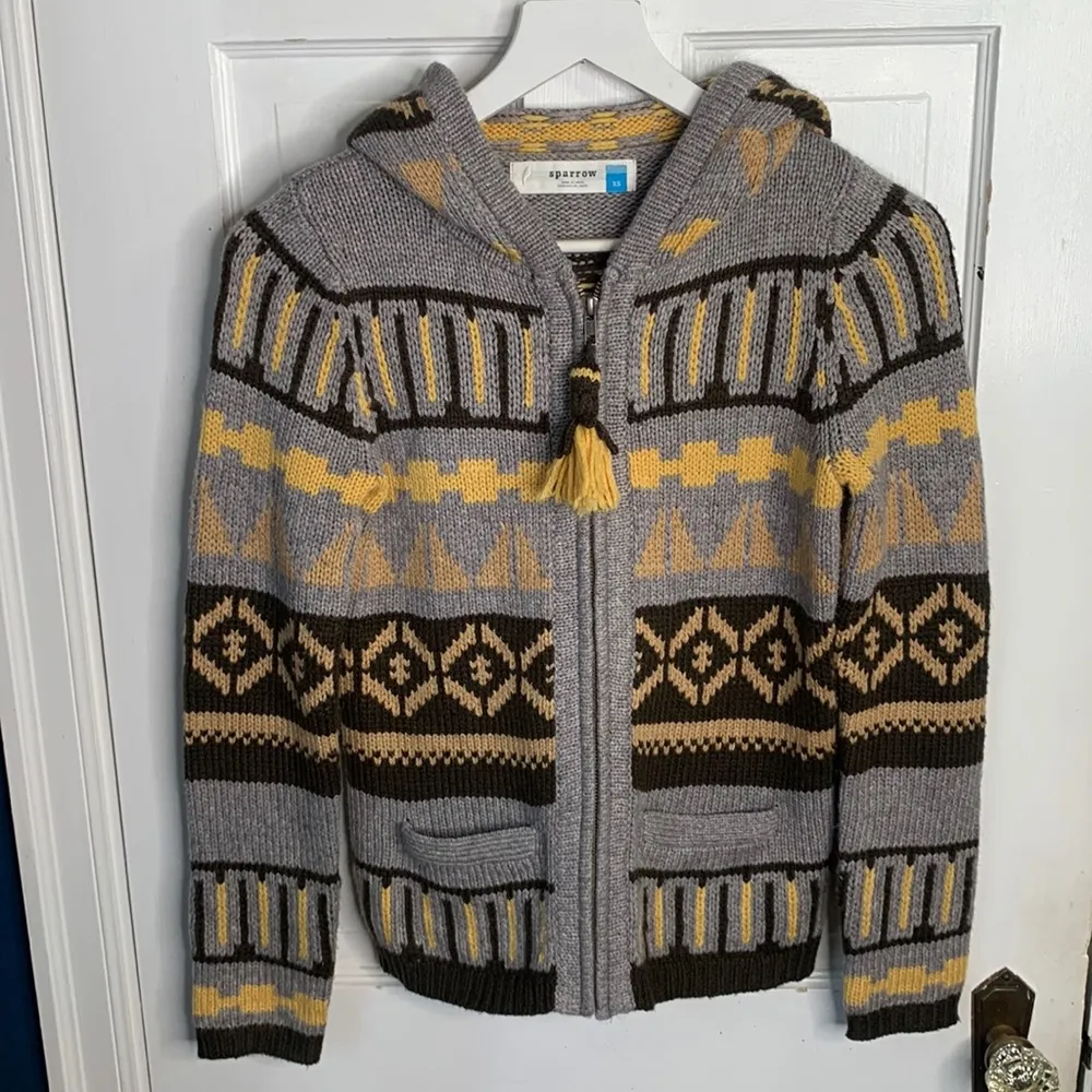 Anthropologie Sparrow Knit Zip Nordic Fringe Sweater Hoodie Cardigan W-168 Sz XS - Image 3