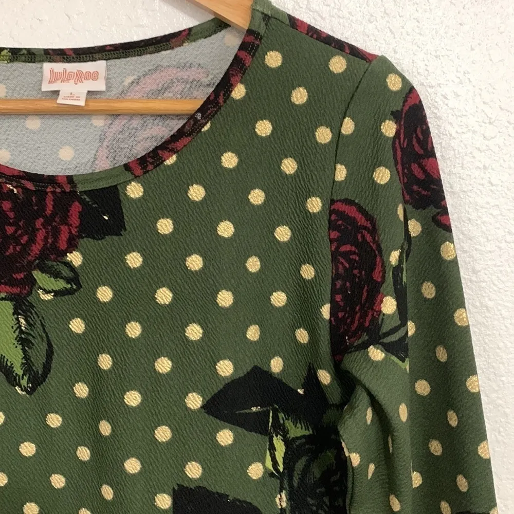 Lularoe Dark Green Rose Polkadot Print Metallic Debbie Dress Size L - Image 3