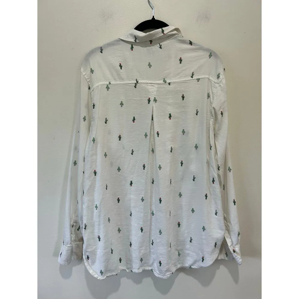Old Navy classic button down shirt size L white with cactus print cotton blend - Image 4